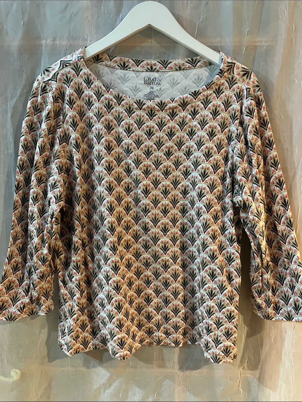 croft & barrow Pink and Black Floral Fan-Print Long Sleeve Top